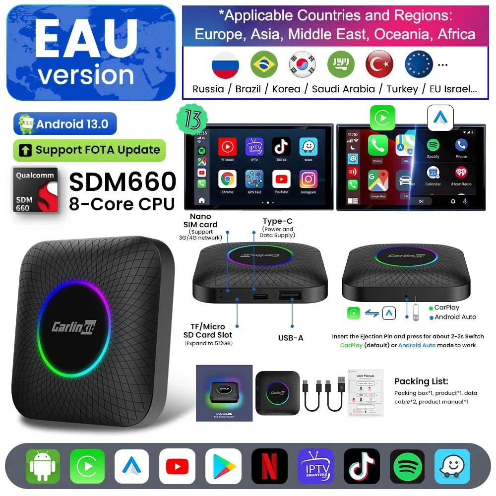 Carlinkit SDM660 Aibox Android 13 USB-A CarPlay Android Auto Wireless Adapter Unterstützt Online-Video Spotify Netflix Bluetooth Wifi