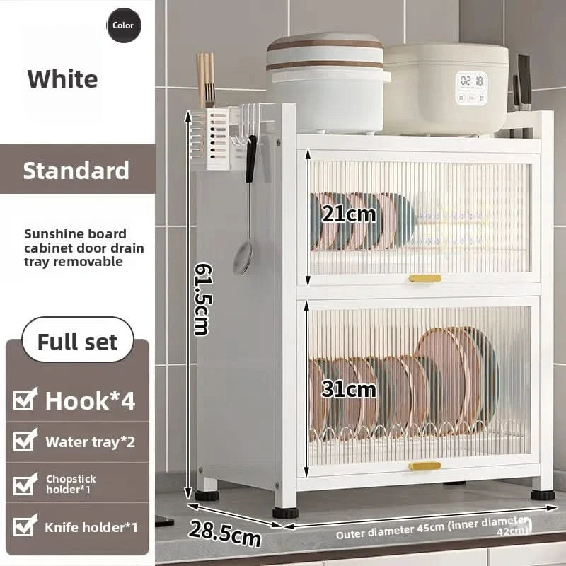 Kitchen cupboard storage box with door, dust-proof bowl rack, countertop, dish storage rack, chopsticks, dishes, drain rack