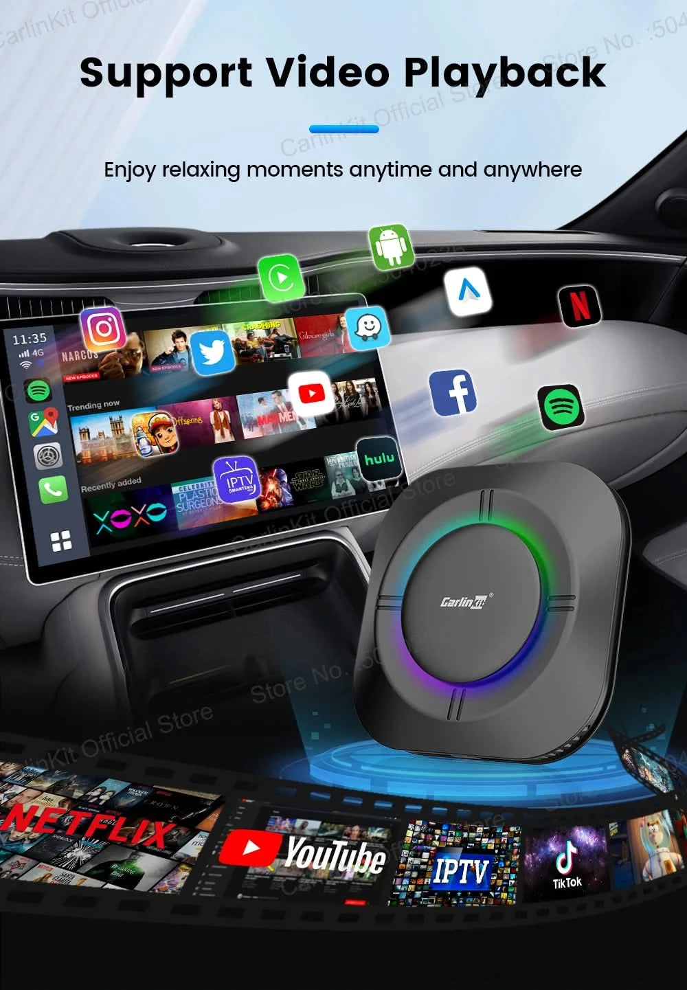 CarlinKit S2 CarPlay Ai Box LED Android 13 Streaming Box 64G/128G Qualcomm 8-Core Split Screen Smartes Fahrzeugsystem Wiedergabe von Videos
