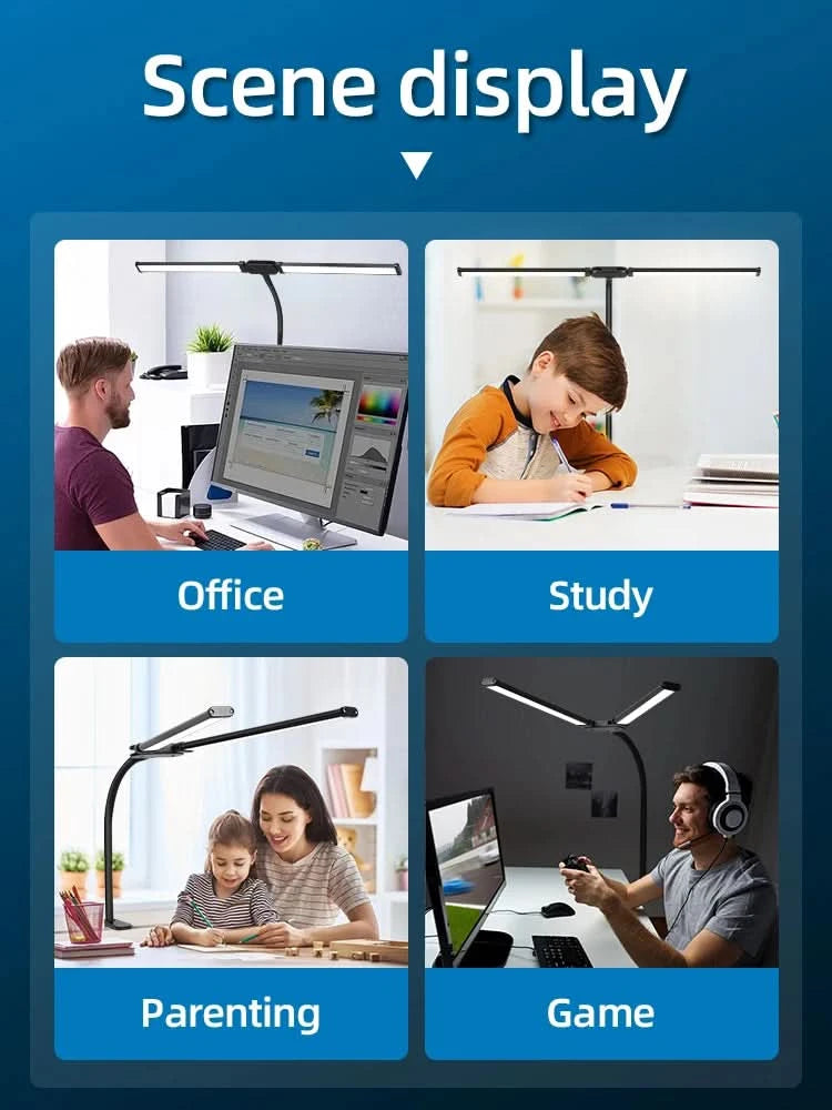 Clip Table Lamp Led Monitor Light Stand USB 3 Color Modes and 10 Dimmable Reading Lights for Study Office Double Head Desk Lamp
