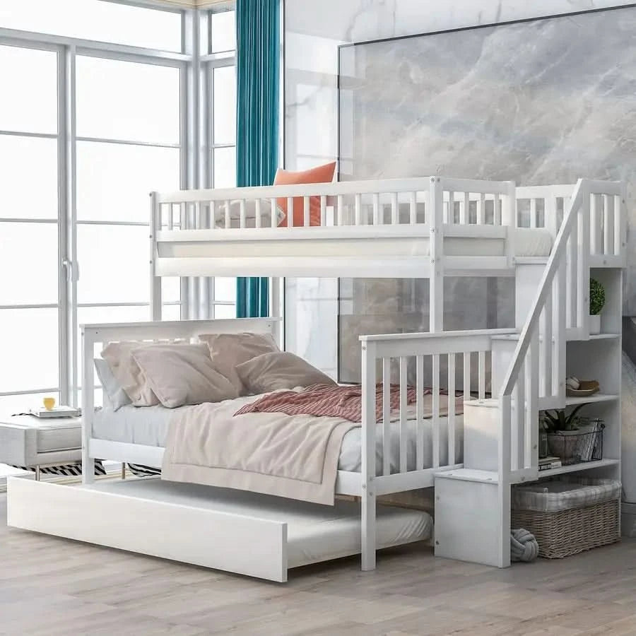 Harper Bright Designs Twin Over Full Bunk Beds with Twin Size Trundle Stairway, Solid Wood Bunk Bed Twin Over Full Size with St