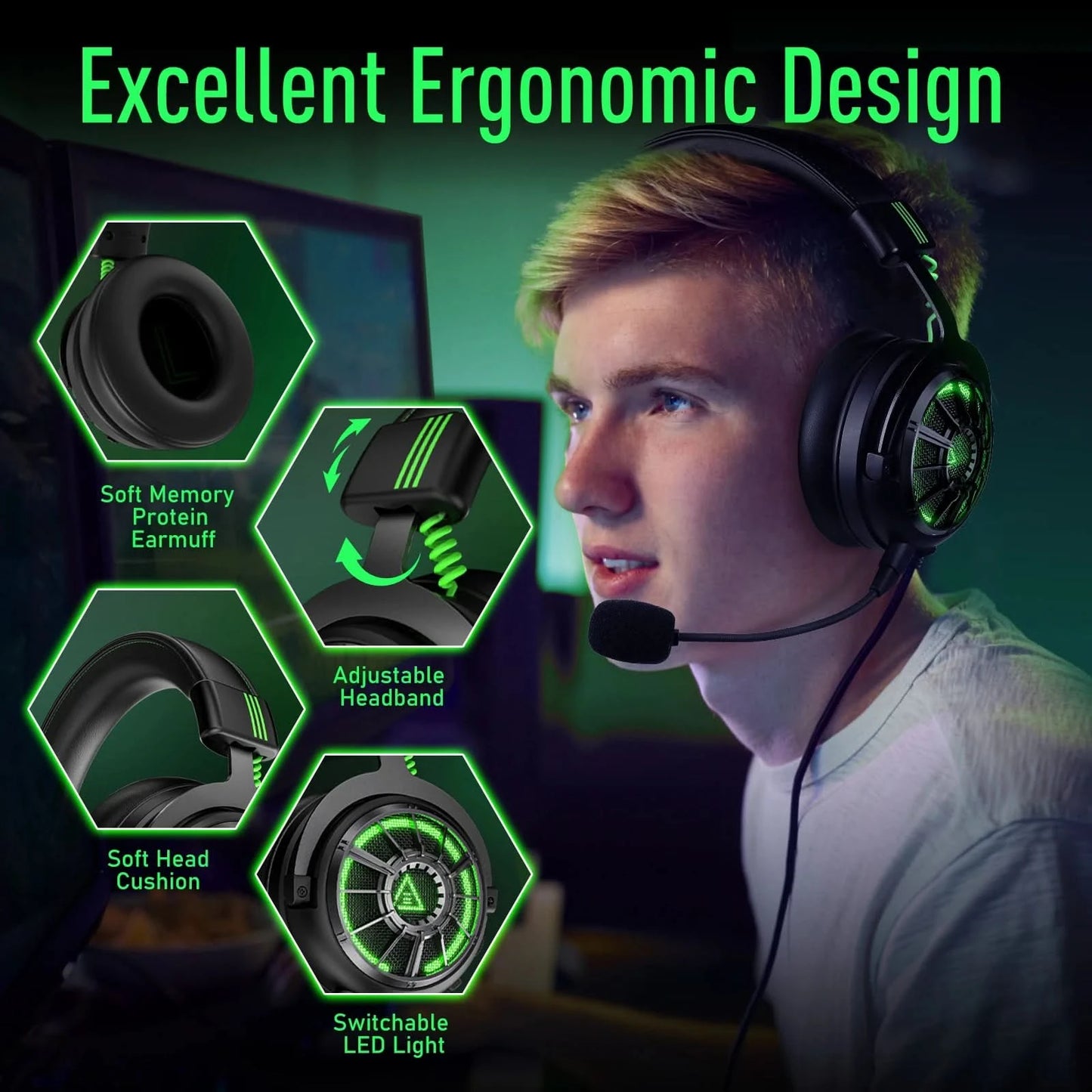 EKSA StarEngine Pro Gaming Headset Gamer 7.1 kabelgebundenes Over-Ear-Headset mit ENC-Mikrofon und Geräuschunterdrückung für PC/PS4/PS5/Xbox