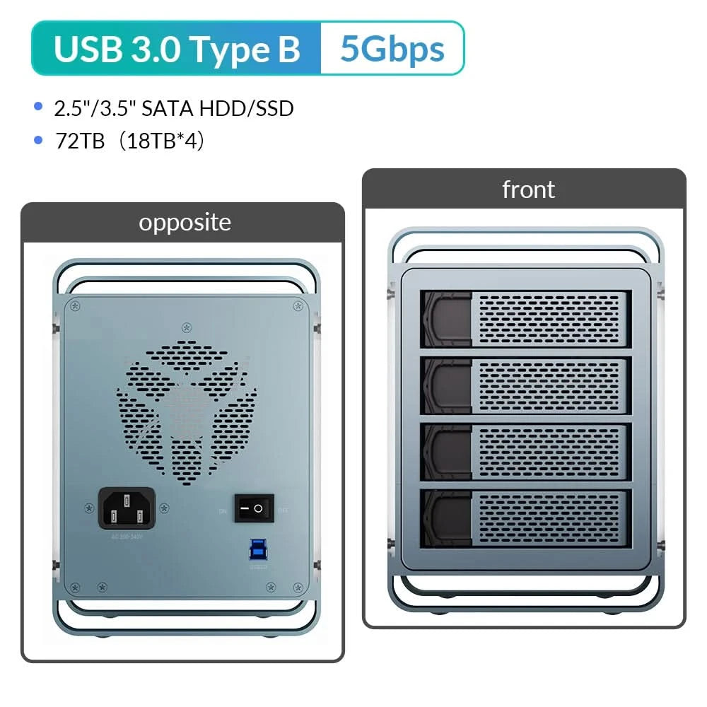 [DF4] Yottamaster 4 Bay RAID External HDD Enclosure 2.5" 3.5" SATA SSD Enclosure with 80mm RGB Silent Fan Support 64TB and RAID