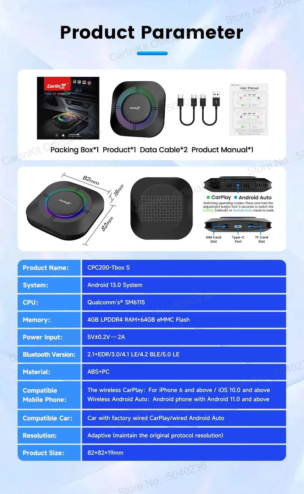CarlinKit S2 CarPlay Ai Box LED Android 13 Streaming Box 64G/128G Qualcomm 8-Core Split Screen Smartes Fahrzeugsystem Wiedergabe von Videos