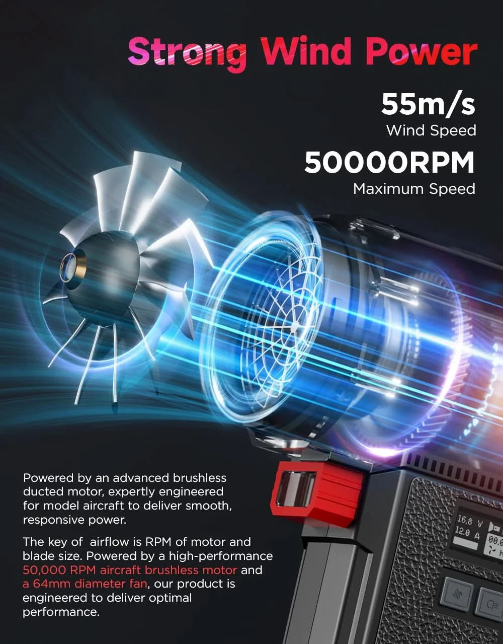 Booster Turbo Fan Auto-Trockner mit LED-Beleuchtung, leistungsstarkes Luftgebläse, bürstenlos, langlebig, hohe Geschwindigkeit, leistungsstark, 4000mA, 1400G