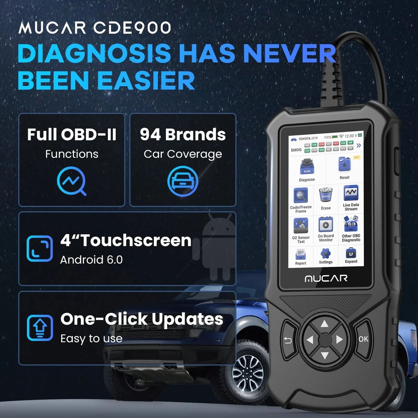 MUCAR CDE900/cde900 Pro OBD2 Diagnostic Tool 32GB Scanner Brake Airbag Transmission Engine Diagnosis Code Reader