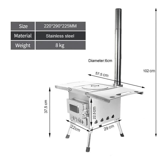 Camping Wood Stove Fire View Side Glass Portable Folding Wood Burner with Chimney Stainless Steel Tent Heater for Ice Fishing