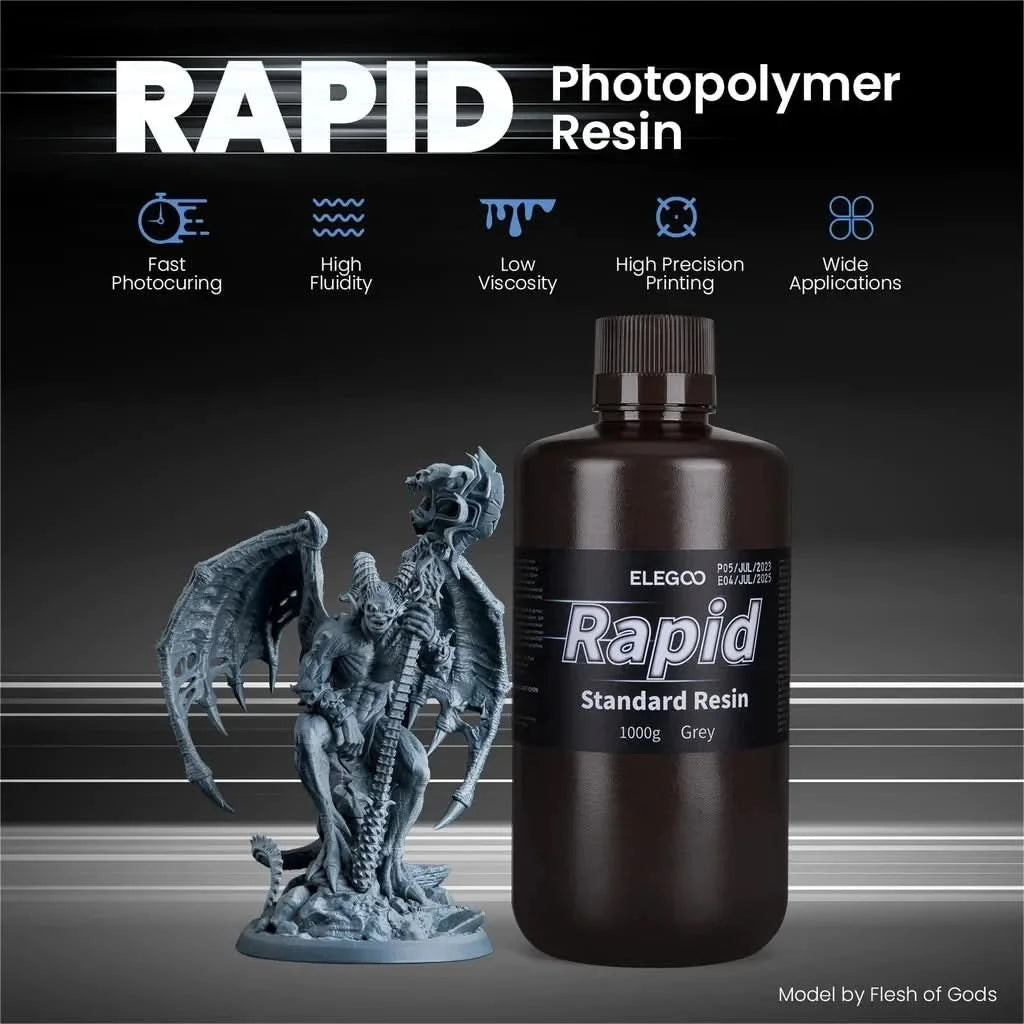 ELEGOO 3D Printer Rapid Resin LCD UV-Curing Resin 405nm Standard Photopolymer Resin for LCD 3D Printing 1000g Grey