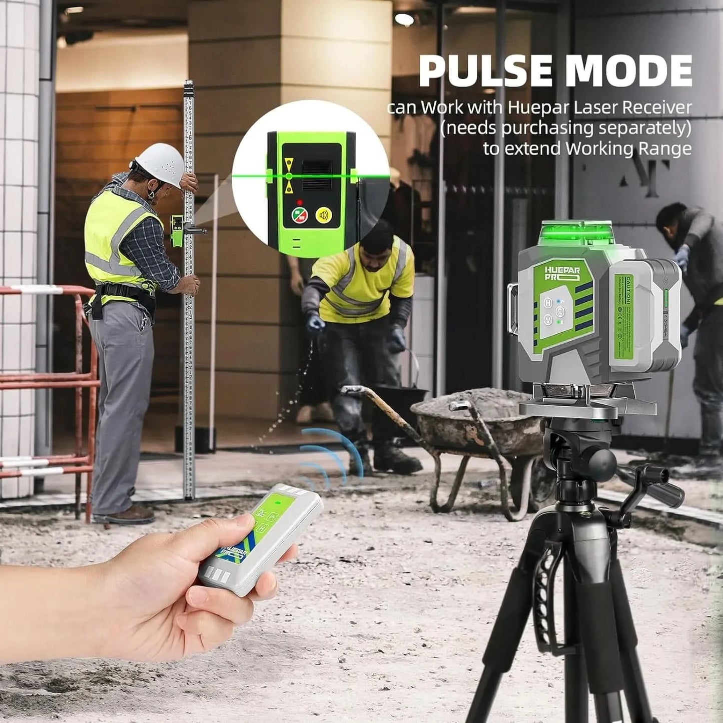 Huepar 4D Cross Line Laser Level High Accuracy ±2mm/10m Self Leveling Green Laser Tools With 8000mAh Li-ion Battery & Receiver