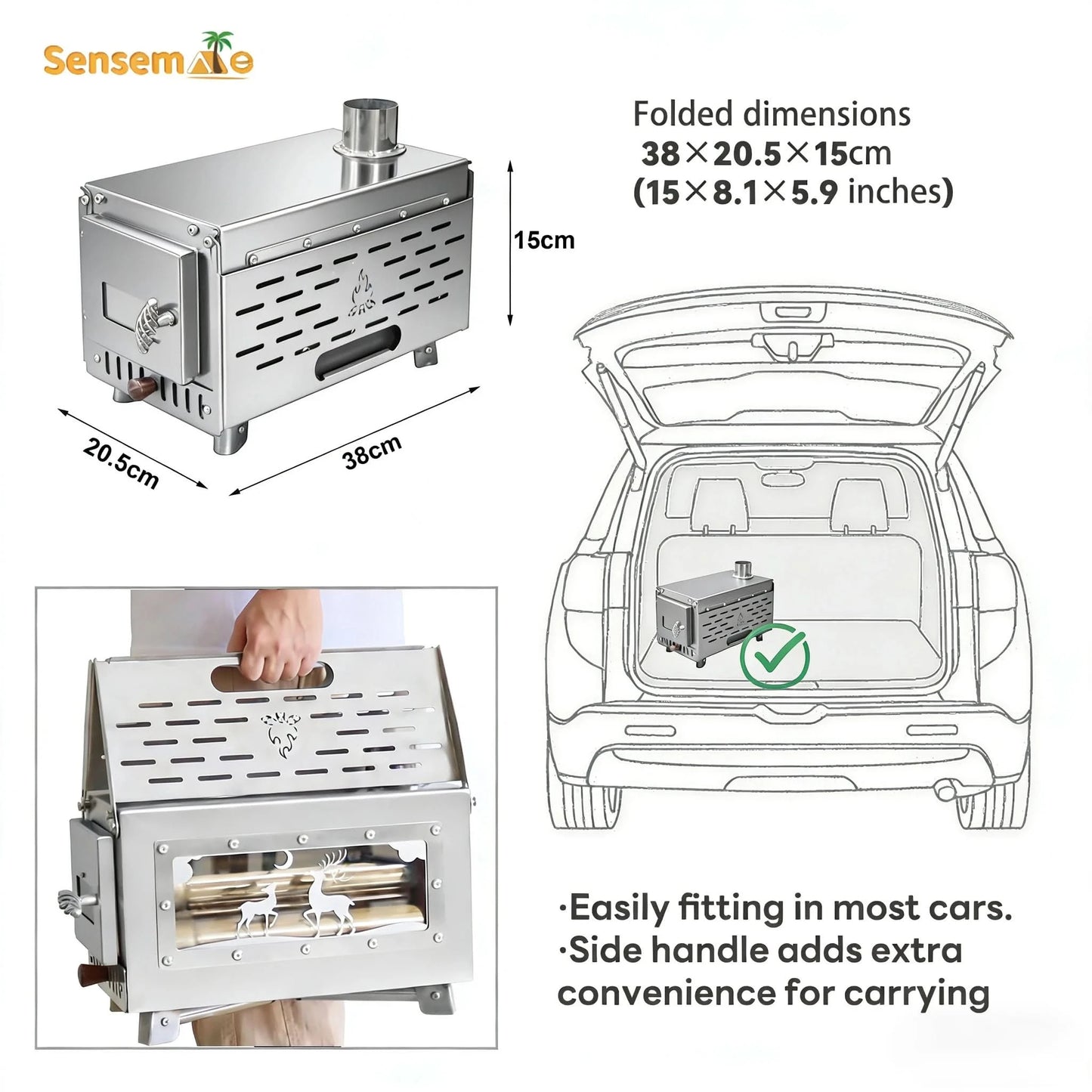 Camping Wood Stove Fire View Side Glass Portable Folding Wood Burner with Chimney Stainless Steel Tent Heater for Ice Fishing