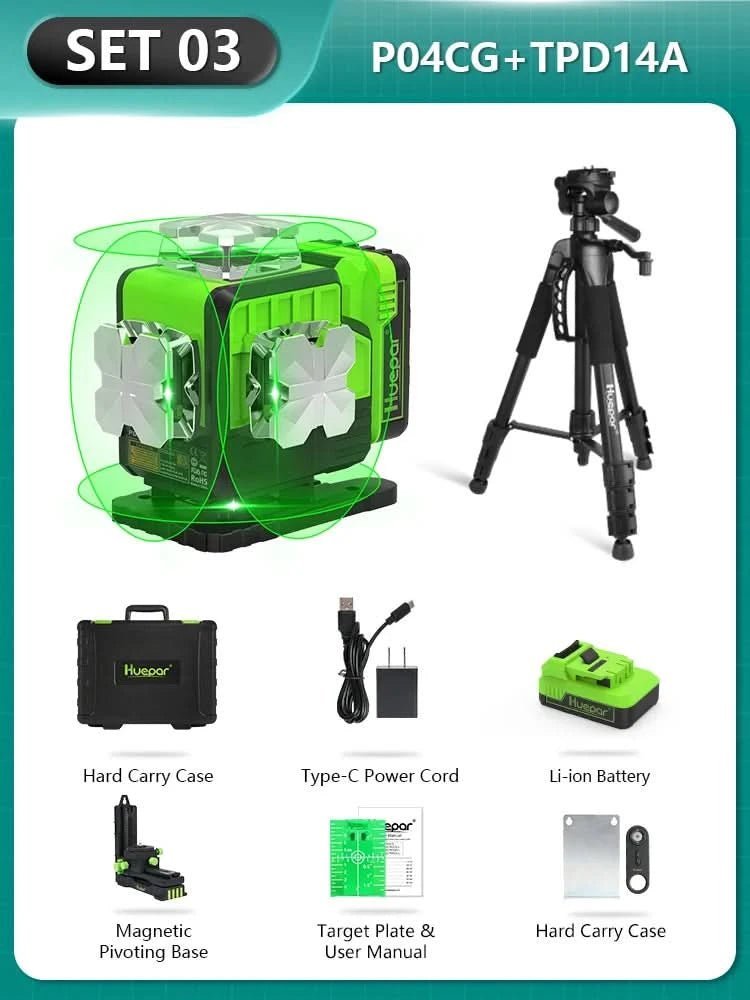 Huepar 16 Linien 4D Laser-Nivelliergerät P04CG 360 Horizontale und vertikale Selbstnivellierung Bluetooth-Fernbedienung mit Li-Ionen-Akku