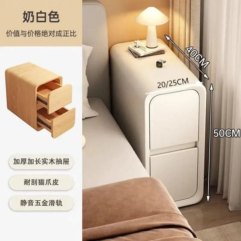 Solid Wood Bedside Table with 2 Drawers No-Leg Design Small Nightstand for Bedroom Minimalist Narrow Storage Cabinet