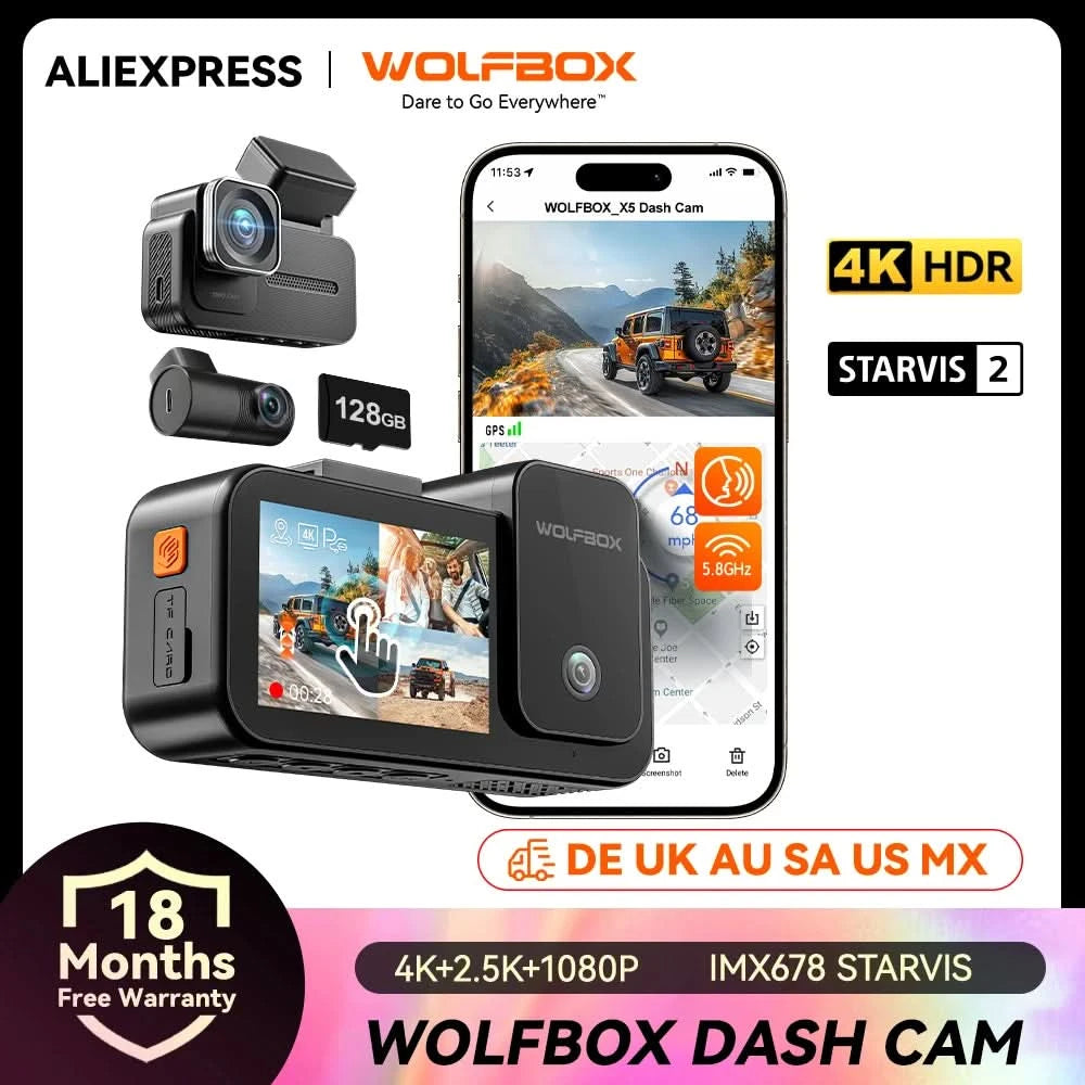 WOLFBOX X5 3-Kanal 4K Dashcam STARVIS 2 IMX678 4K+2.5K Dreifach-Auto-Kamera für vorne, hinten und innen 5.8GHz WiFi Spiegel-Auto-DVR