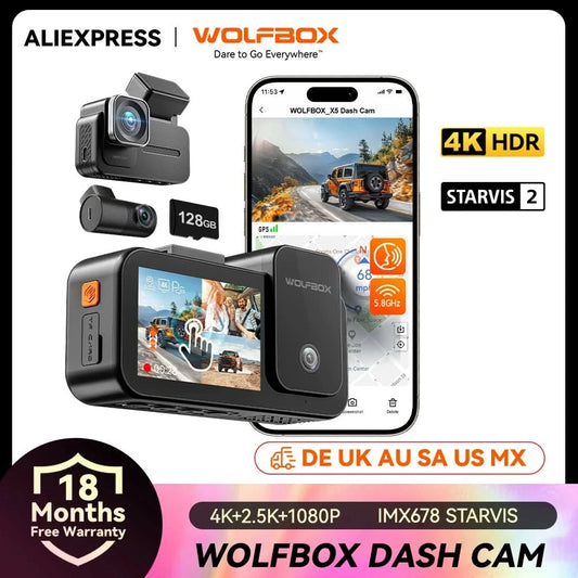WOLFBOX X5 3 Channel 4K Dash Cam STARVIS 2 IMX678 4K+2.5K Front and Rear Inside Triple Car Camera 5.8GHz WiFi Mirror Car DVR