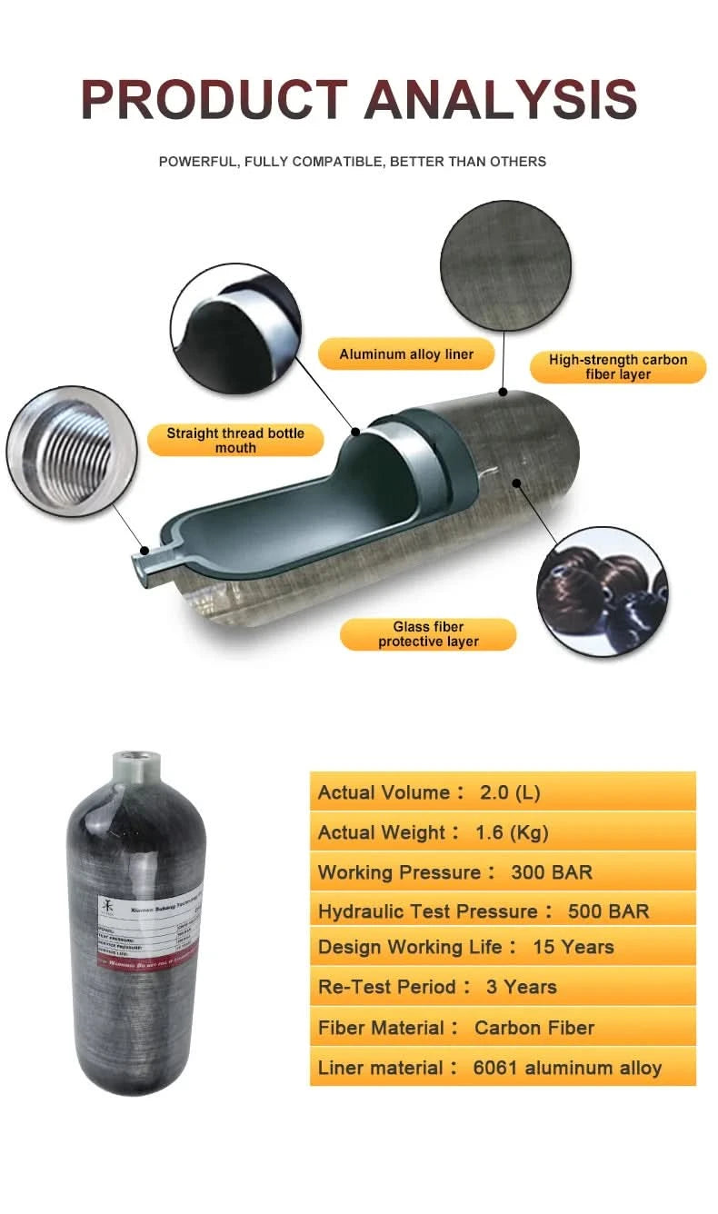 TUXING 300Bar 4500psi 2L Carbon Fiber Cylinder with 6000PSI Regulating Valve High Pressure Cylinder for Scuba Diving M18*1.5