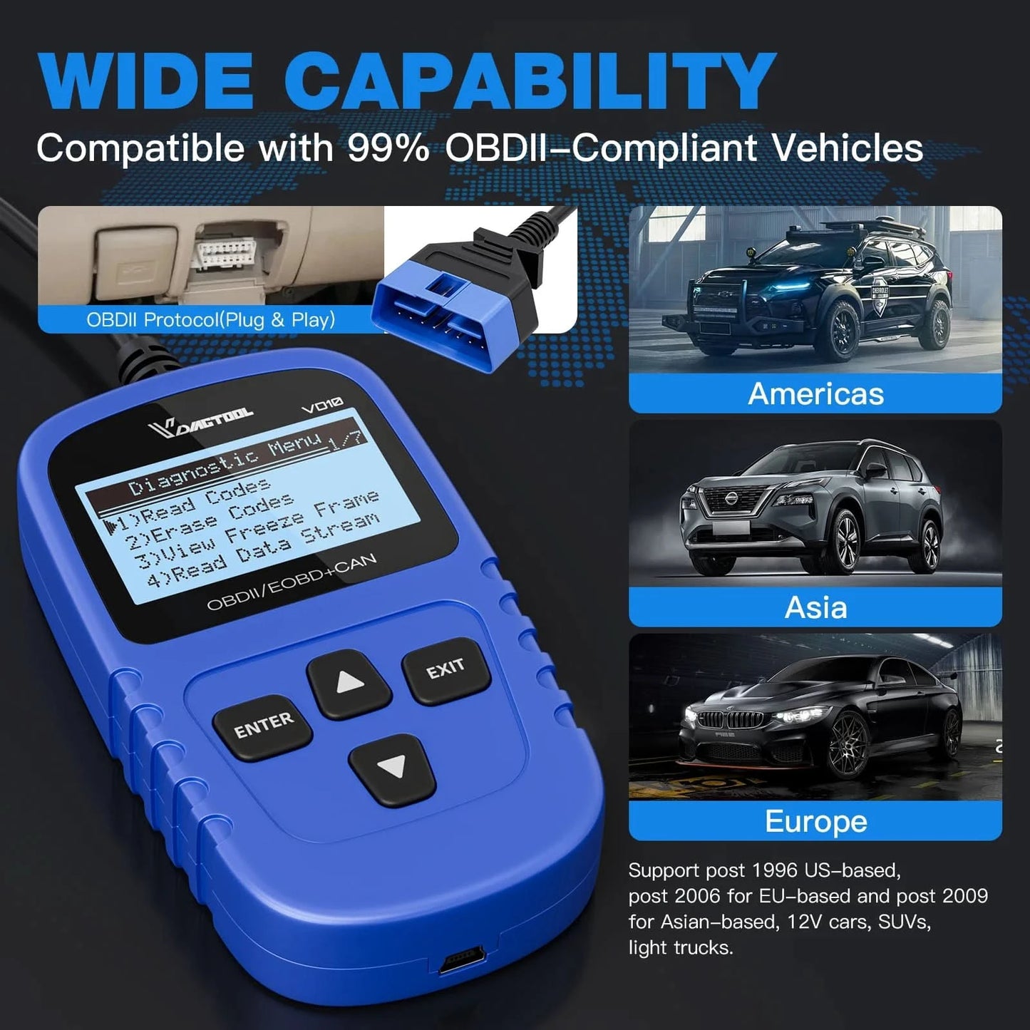 VDIAGTOOL VD10 OBD2 Diagnosegerät KFZ-Scanner mit I/M-Bereitschaftscodes, Motorprüffunktion, lebenslange kostenlose Updates