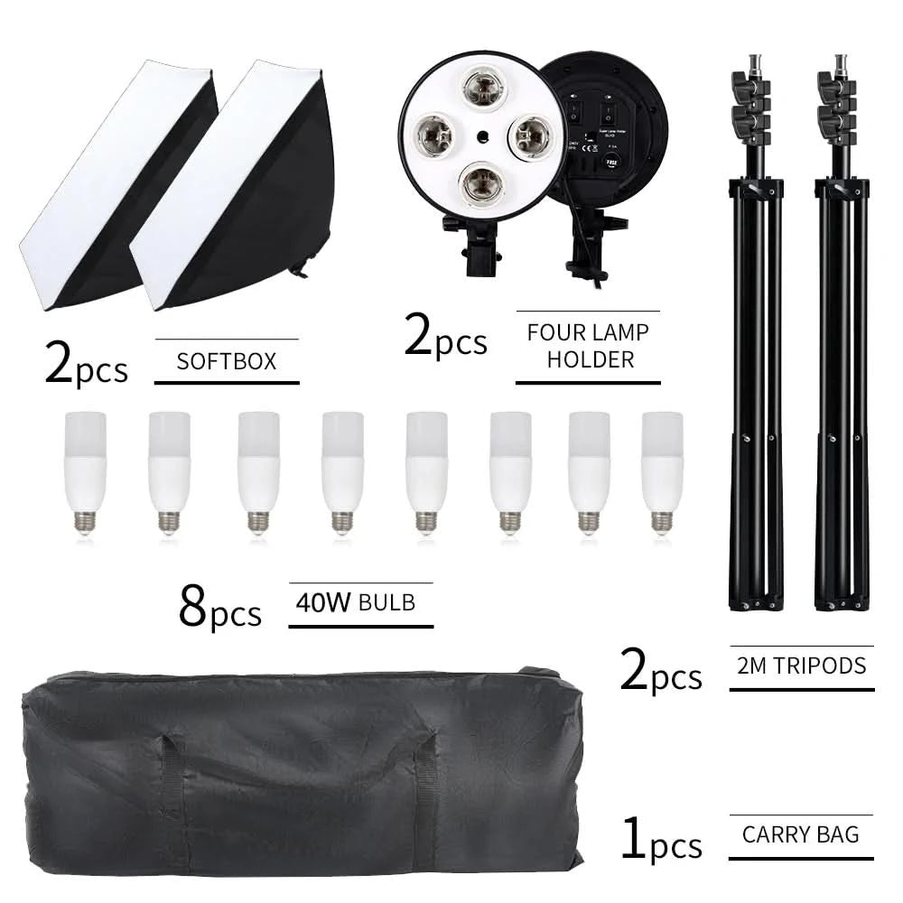 SH Fotostudio Softbox Licht-Kit Fotoausrüstung Vier Lampenfassungen Dauerlichtsystem mit E27 Glühbirnenzubehör