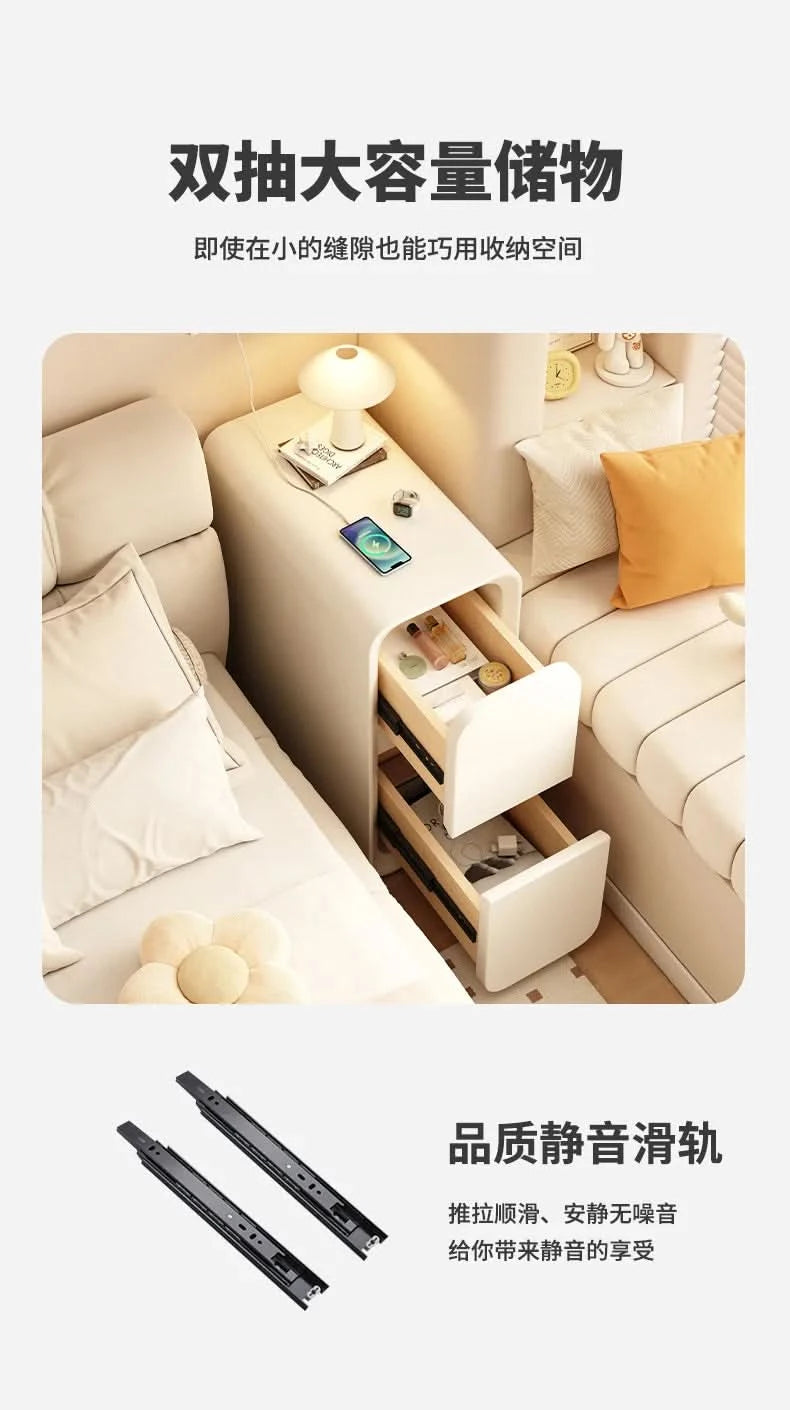 Solid Wood Bedside Table with 2 Drawers No-Leg Design Small Nightstand for Bedroom Minimalist Narrow Storage Cabinet