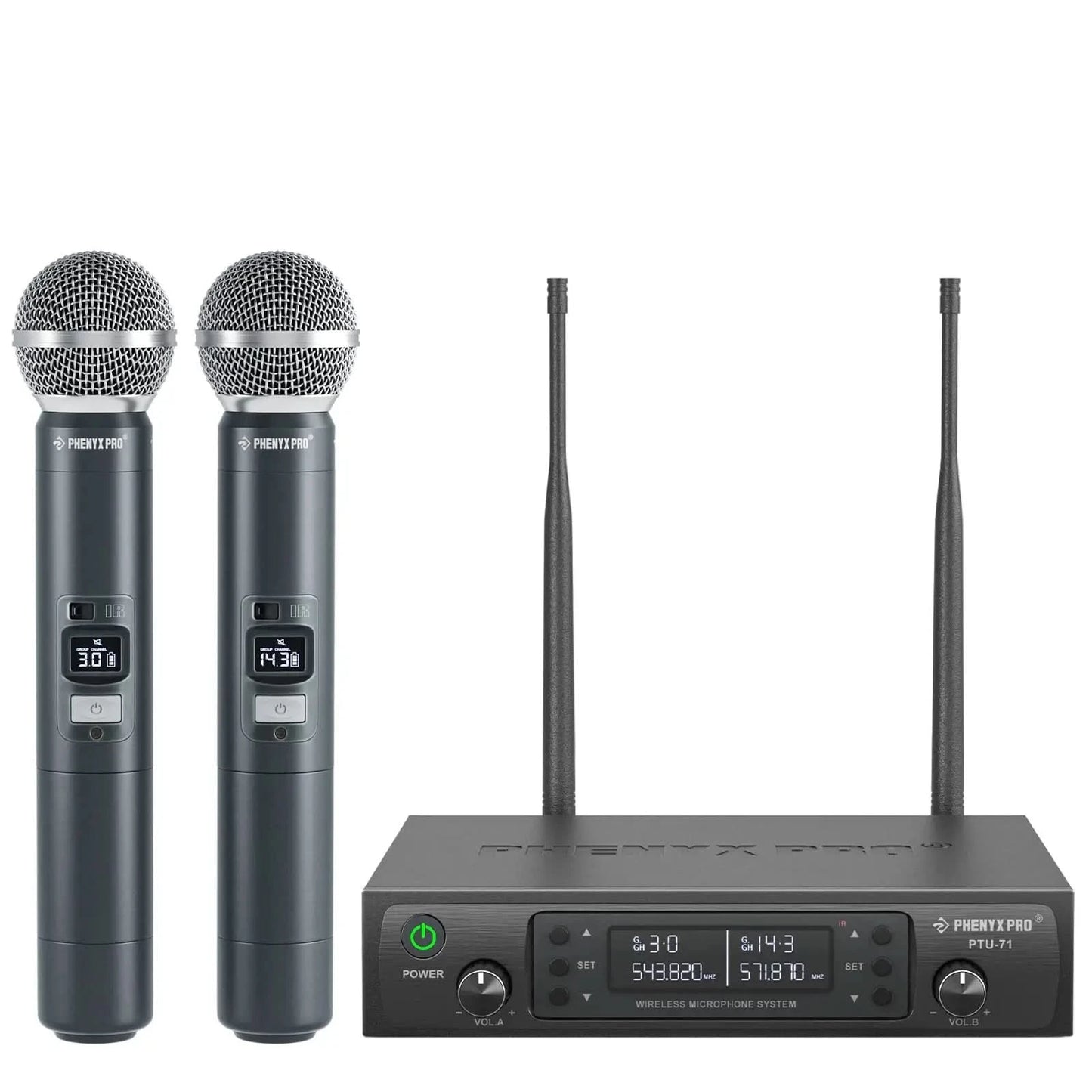 Phenyx Pro UHF Profeesional Adjustable Dual Wireless Microphone System for Stage Performances Sturdy Metal Build 100M PTU71