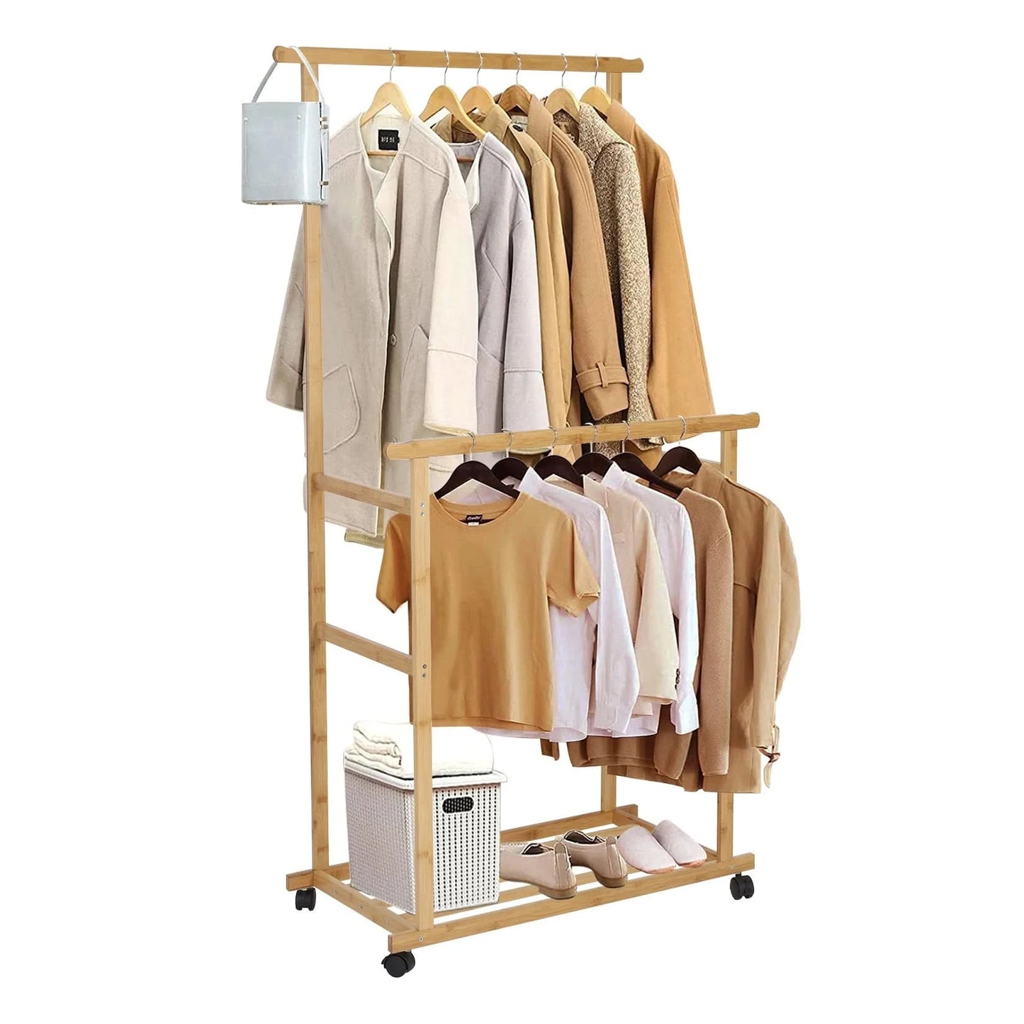 Bambus-Garderobe, Kleiderständer, Schwerlast-Kleiderregal mit Schuh- und Kleideraufbewahrungsablagen