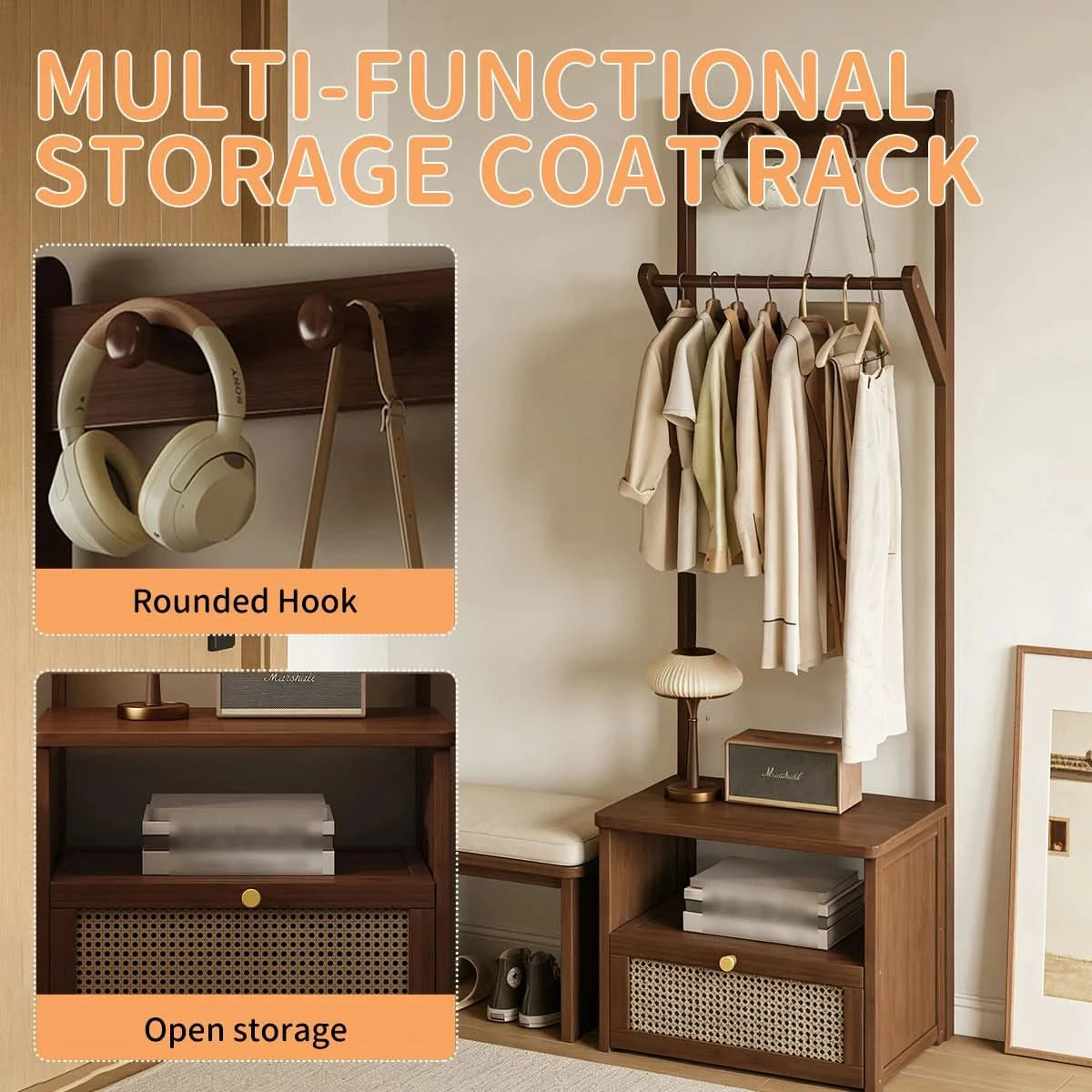 Bamboo 2-in-1 Bedside Rack & Nightstand - Small Space (40/50cm) with Drawer, Shelf & Hanging Rod for Essentials