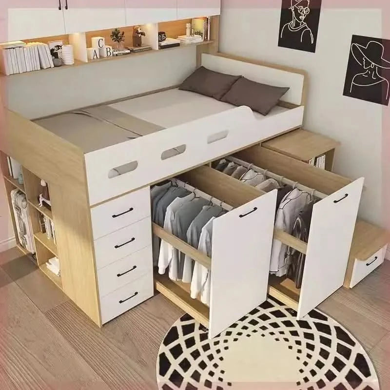 Small apartment solid wood high box storage bed wardrobe integrated, bed desk combination bed, multi-functional elevated bed