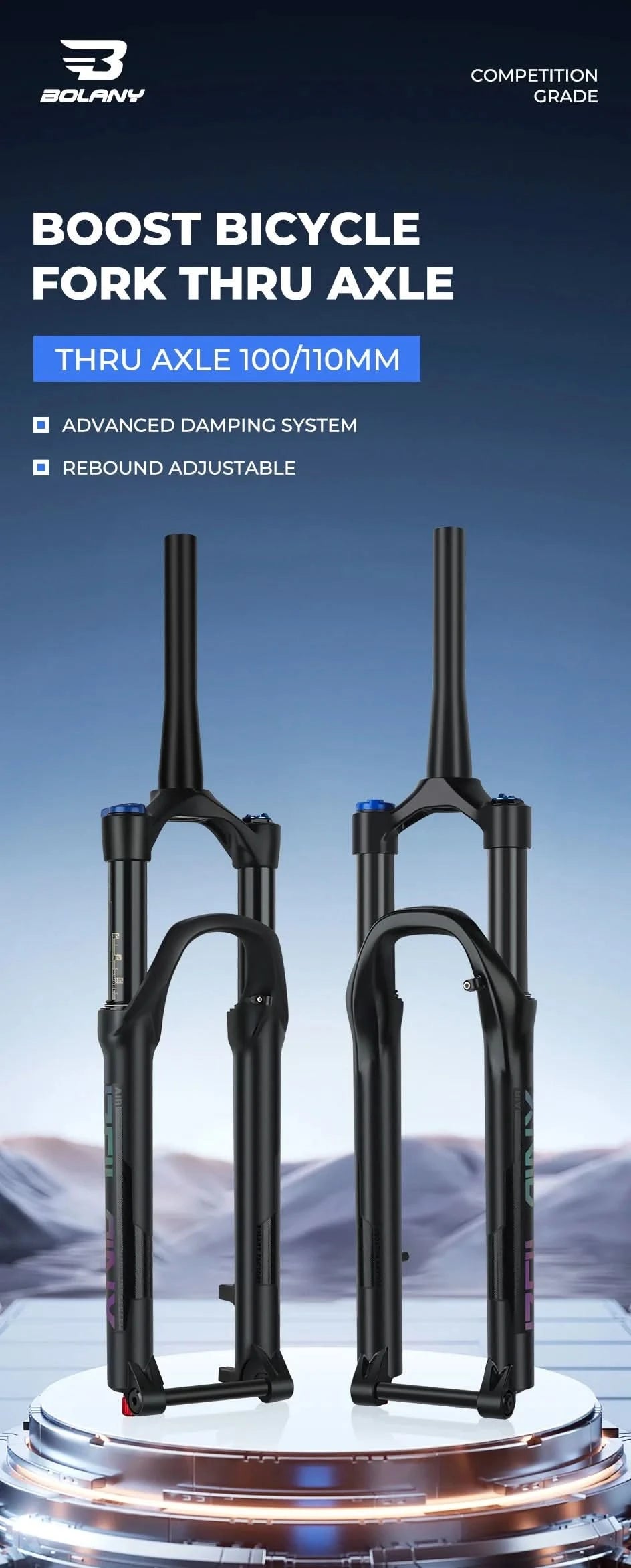 BOLANY 27.5/29inch Boost Bicycle Fork Thru Axle 100/110mm 34mm Tube Tapered Rebound Adjustment 120/140mm Travel Suspension Fork
