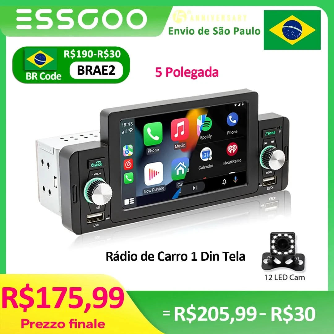 ESSGOO Autoradio 1 Din 5" Touchscreen MP5 Multimedia Bildschirmspiegelung Navigation und Rückfahrkamera