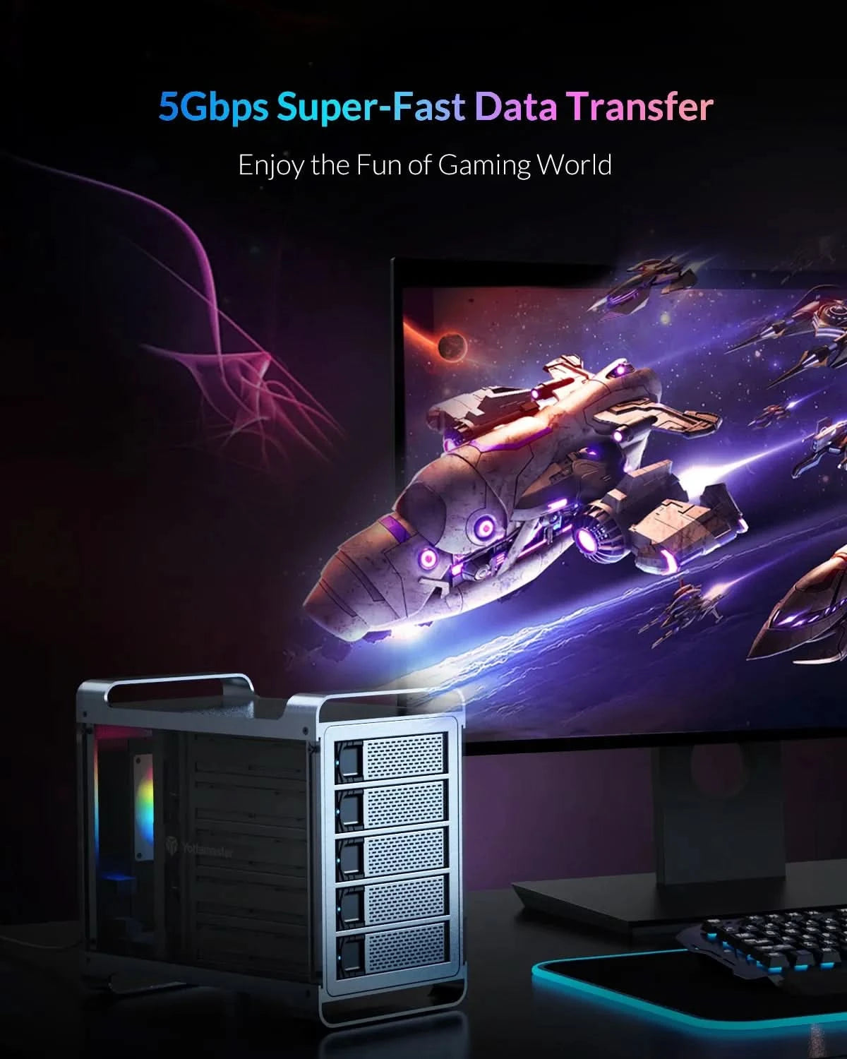 [DF4] Yottamaster 4 Bay RAID External HDD Enclosure 2.5" 3.5" SATA SSD Enclosure with 80mm RGB Silent Fan Support 64TB and RAID