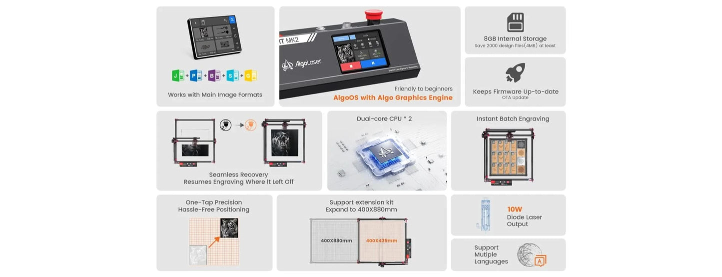 AlgoLaser DIY KIT MK2 10W Lasergravur-Schneidemaschine Touchscreen für Holz Metall 10W Ausgangsleistung Offline-Arbeit 400X435MM