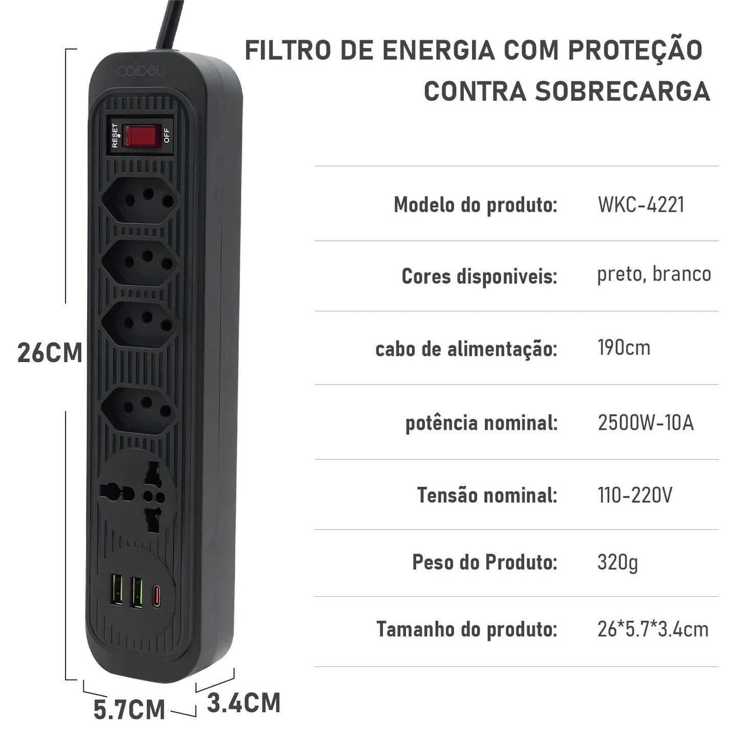 4-fach Verlängerungskabel mit 3 USB-Anschlüssen, weiß, bivolt, 2 Meter, Schwarz, Verlängerungskabel, unterstützt 110-220V Spannung, 2500W Leistung