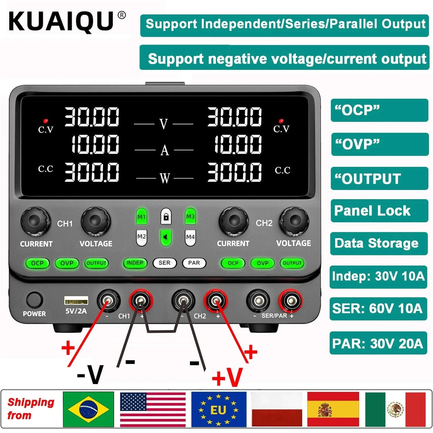 NICE-POWER 30V 10A Zweikanal-DC-Labornetzteil 60V 120V 240V Doppel-Tischnetzteil mit positiver und negativer Spannungsausgabe