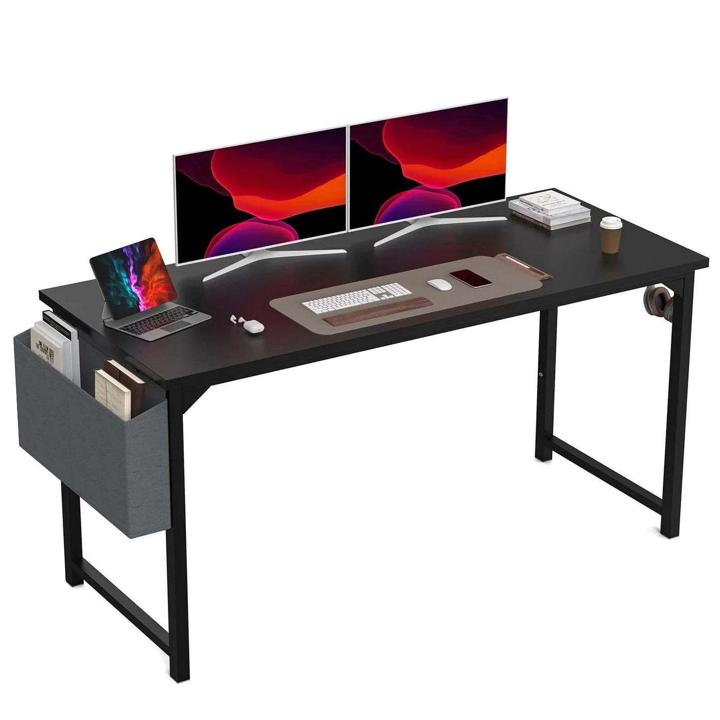 JHK Computertisch Schreibtisch Büro Gaming-Tisch Modern Einfacher Stil Kompakt mit Seitentasche Kopfhörerhaken Leichte Montage