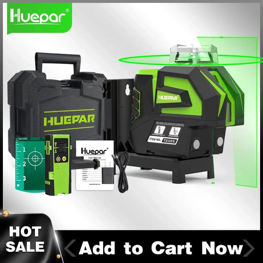 Huepar 7211CG Green Laser Level Self-Leveling Cross Line 2 Plumb Dots Li-ion Battery 360° Horizontal Line Fan Angle Laser Tool