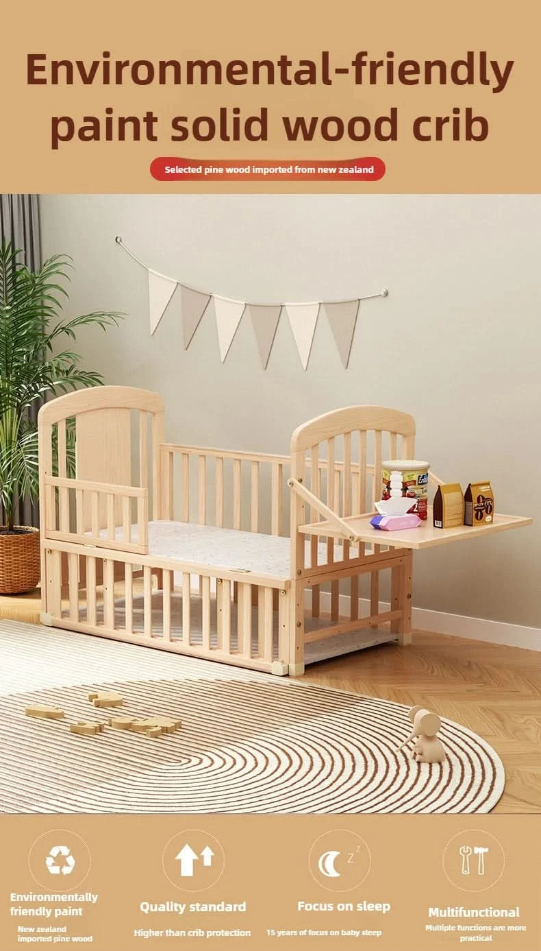 Baby Comfortable Sleeping Bed Solid Wood Newborn Baby Bed Multifunctional Baby Rocking Bed with Wheels and mosquito net
