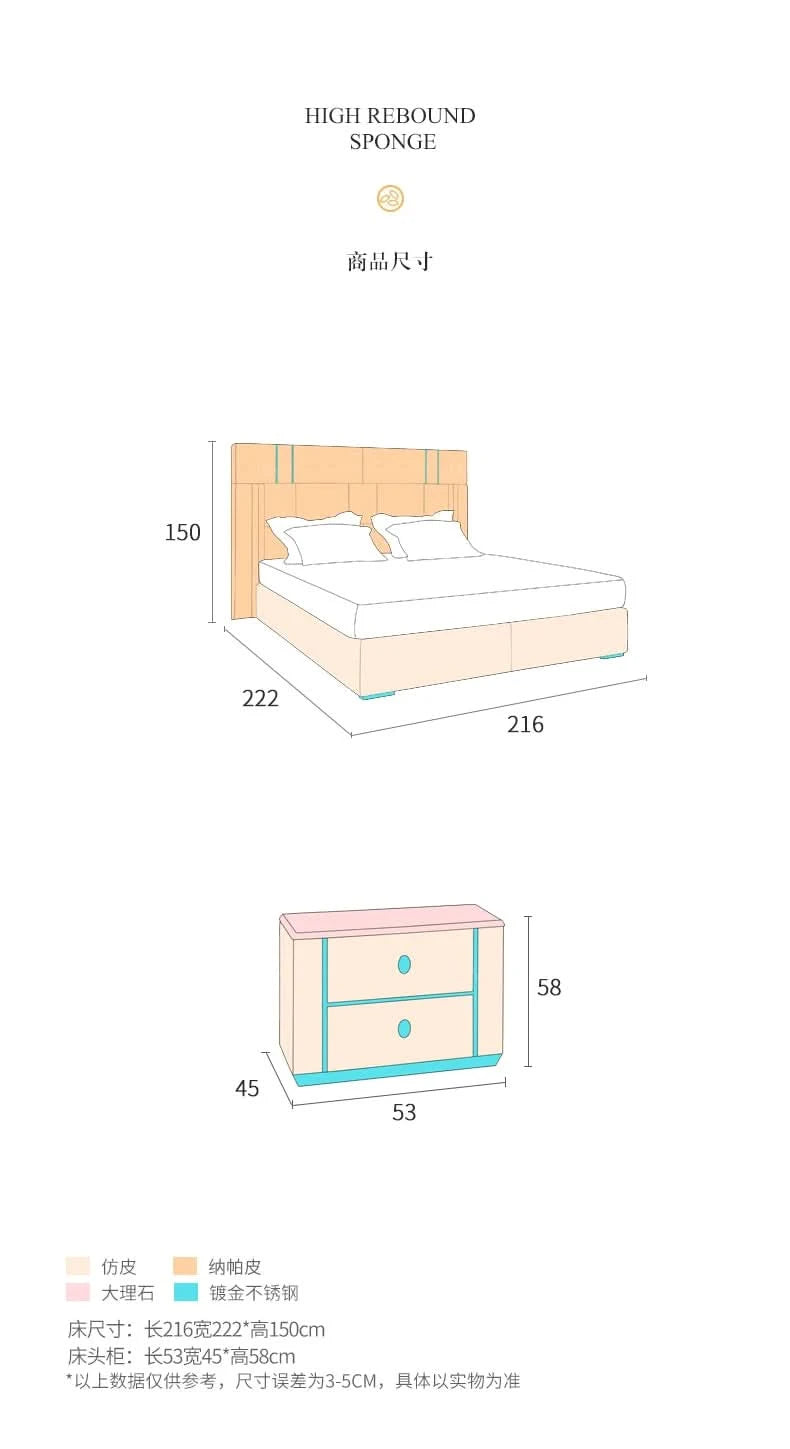 Modern leather bed First layer cowhide breathable Napa leather stainless steel plated 1.8Rice double bed