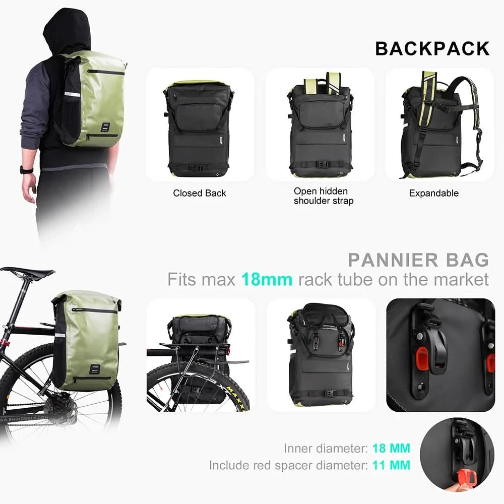 Rhinowalk Fahrrad-Packtasche 22L Vollständig wasserdichte Gepäckträgertasche Rucksack Kapazität Multifunktionaler Gepäckträger Fahrradtasche Umhängetasche