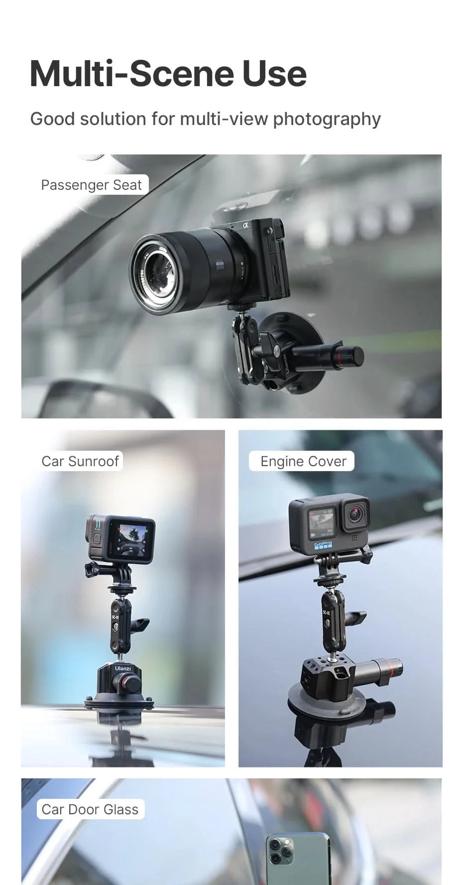 Ulanzi Auto-Handy-Action-Kamerahalter Handpumpe 360° Saugnapf verstellbar professionell für GoPro für Insta360 für DJI Action