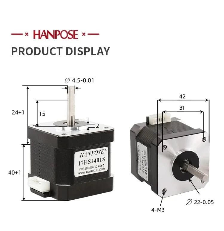 HANPOSE Nema17 Schrittmotor, Drehmoment 78 oz-in (52 N-cm), Strom 1,8 A. Modelle 17HS8401 17HS 2408 17HS3401S 17HS4401S 17HS6401S