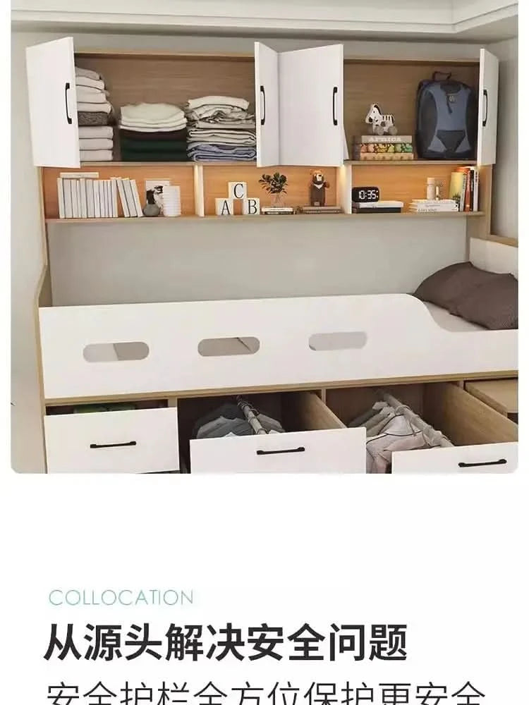 Small apartment solid wood high box storage bed wardrobe integrated, bed desk combination bed, multi-functional elevated bed