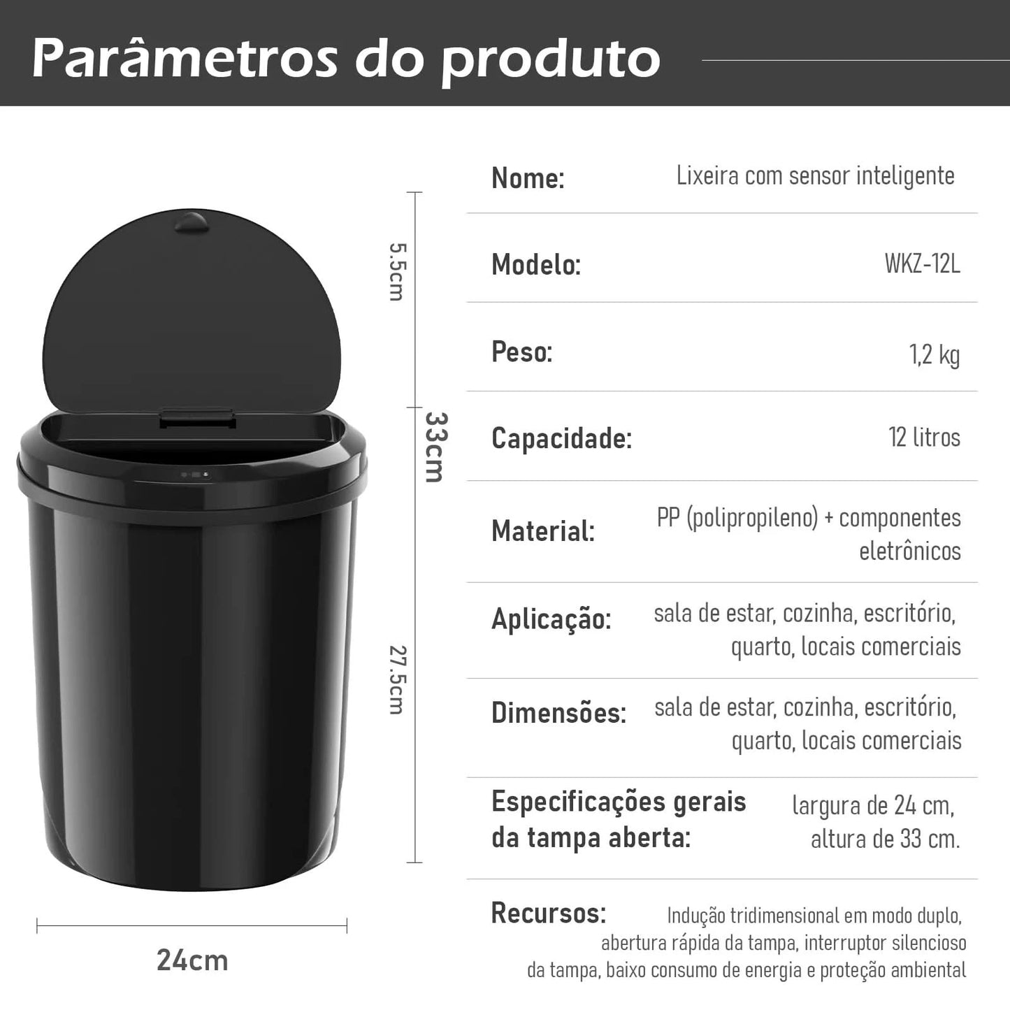 Automatischer Sensor-Mülleimer, Abfalleimer, Mülleimer, Plastik-Mülleimer, Küche, Wohnzimmer, Haushaltskapazität