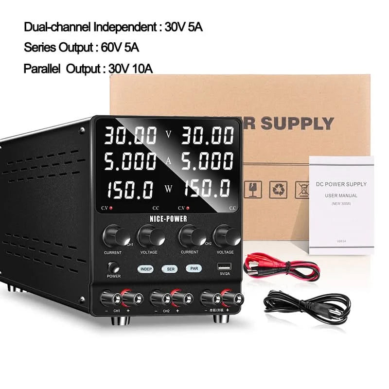 NICE-POWER 30V 10A Zweikanal-DC-Labornetzteil 60V 120V 240V Doppel-Tischnetzteil mit positiver und negativer Spannungsausgabe