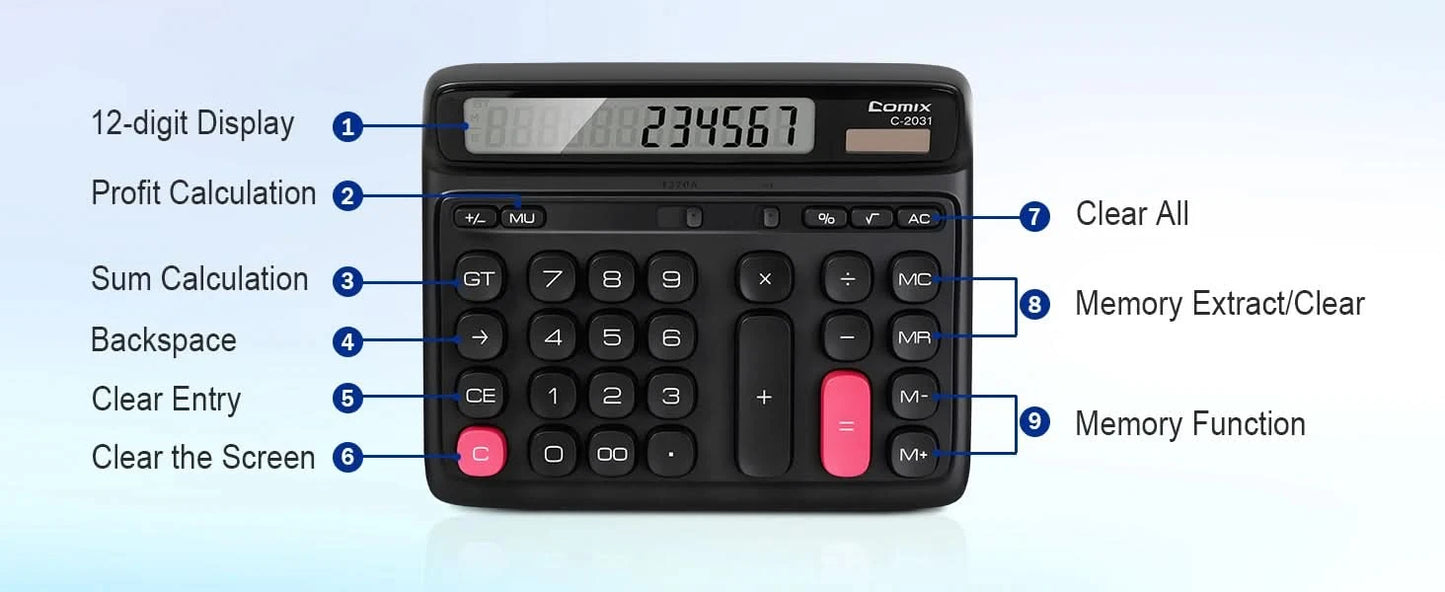 Comix Desktop Calculator, Computer Keys 12 Digit Large Display, Dual Power Black Electronic Calculator for Office Home