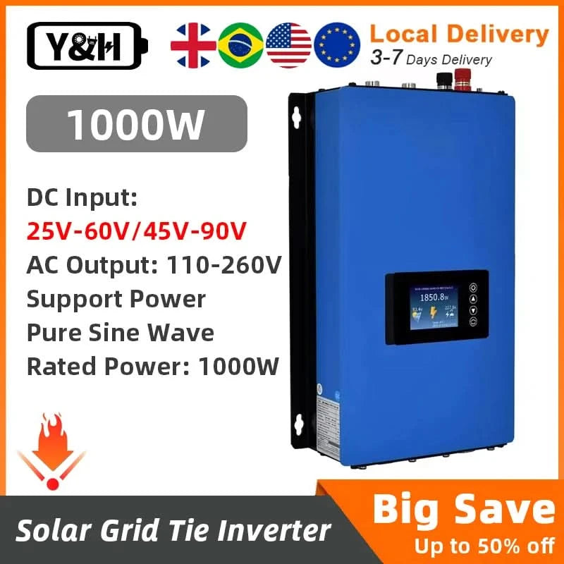 Y&H MPPT Solar Grid Tie Inverter 1000W On Grid Inverter with Limiter Sensor for 36V 48V 60V 72V Battery (Optional WiFi)