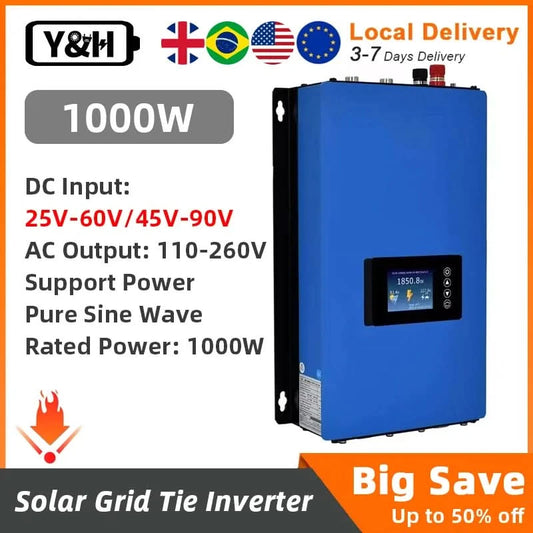 Y&H MPPT Solar Grid Tie Inverter 1000W On Grid Inverter with Limiter Sensor for 36V 48V 60V 72V Battery (Optional WiFi)