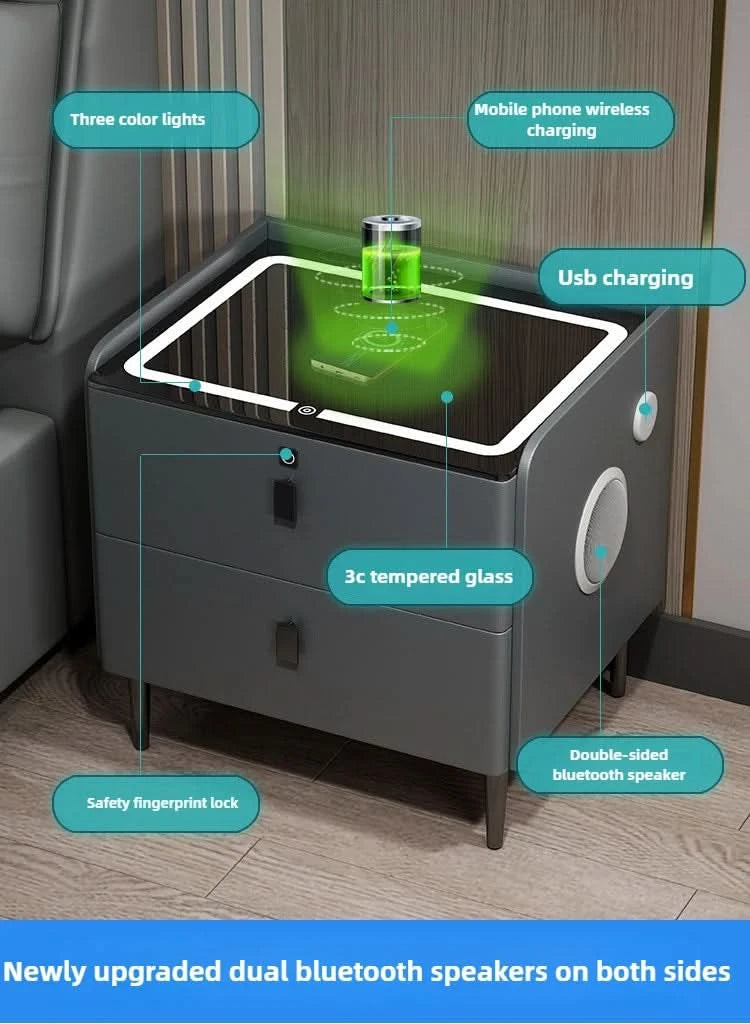 Bedside Table with Wireless Charging – 2-Tier Smart Nightstand with Lockable Drawer & Rechargeable LED Light