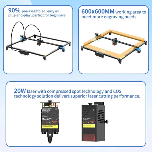 Twotrees TTS-20 Max Metal Laser Engraving Machine 600x600mm Work Area Laser Cutting Machine For Cutting MDF Acrylic Leather Wood