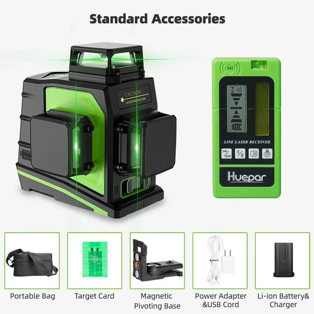 Huepar 12 Lines 3D Cross Line Laser Level Kit Osram Self-Leveling Green Beam 360° Vertical Horizontal With Laser Receiver Tripod