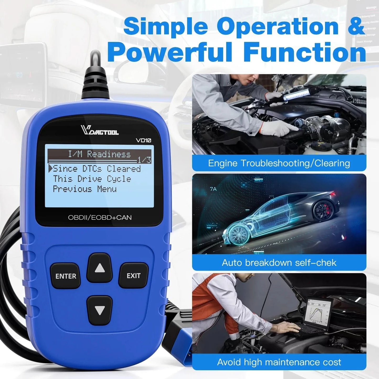 VDIAGTOOL VD10 OBD2 Scanner Diagnostic Tool Automotive Scanner With I/M Readiness Code Reader Check Engine Lifetime Free Update