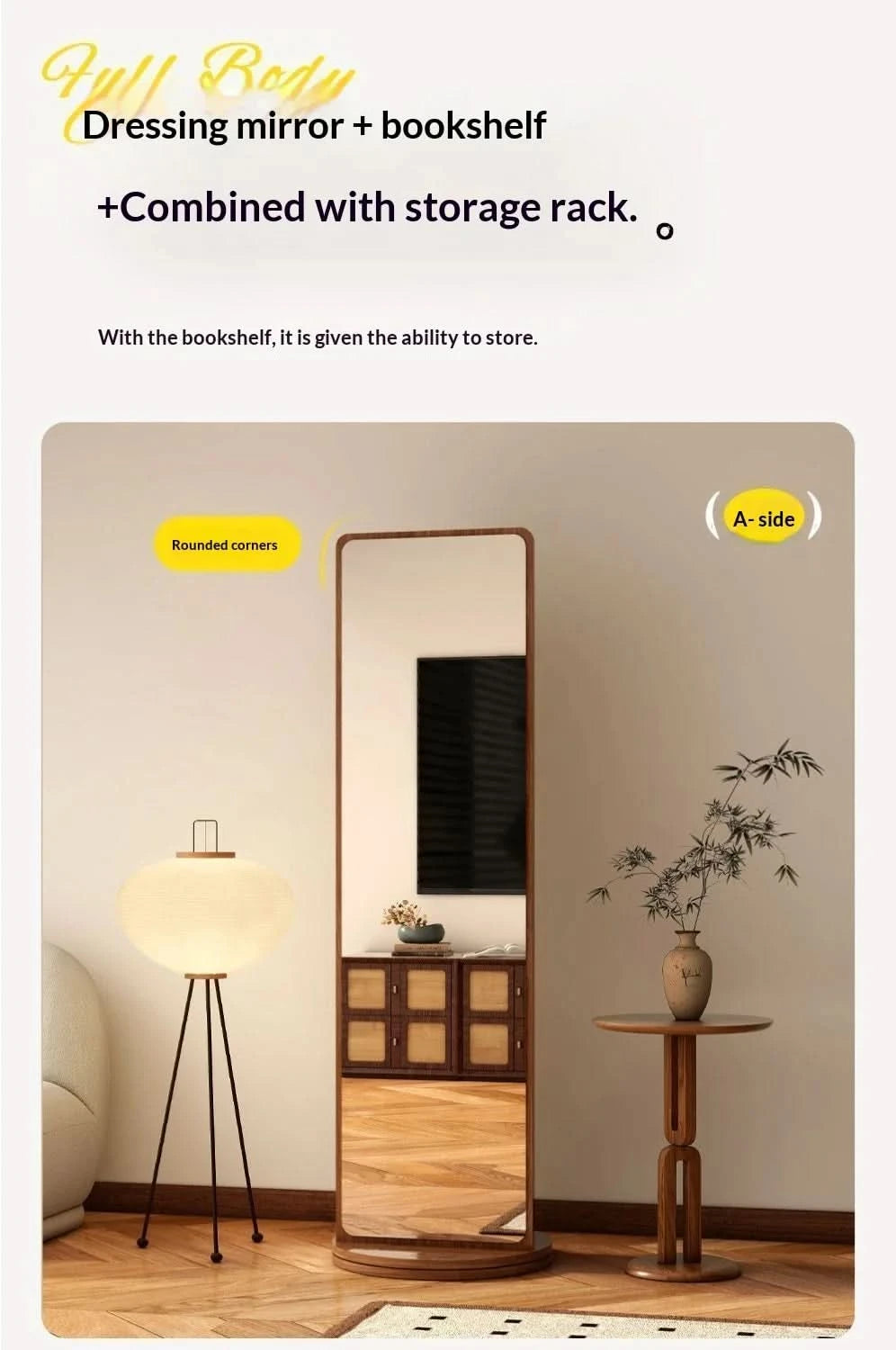 Full Length Floor Mirror Rotating Wooden Frame Bookshelf Full Body Standing Mirror Bedroom Living Room Large Luxury No Warping